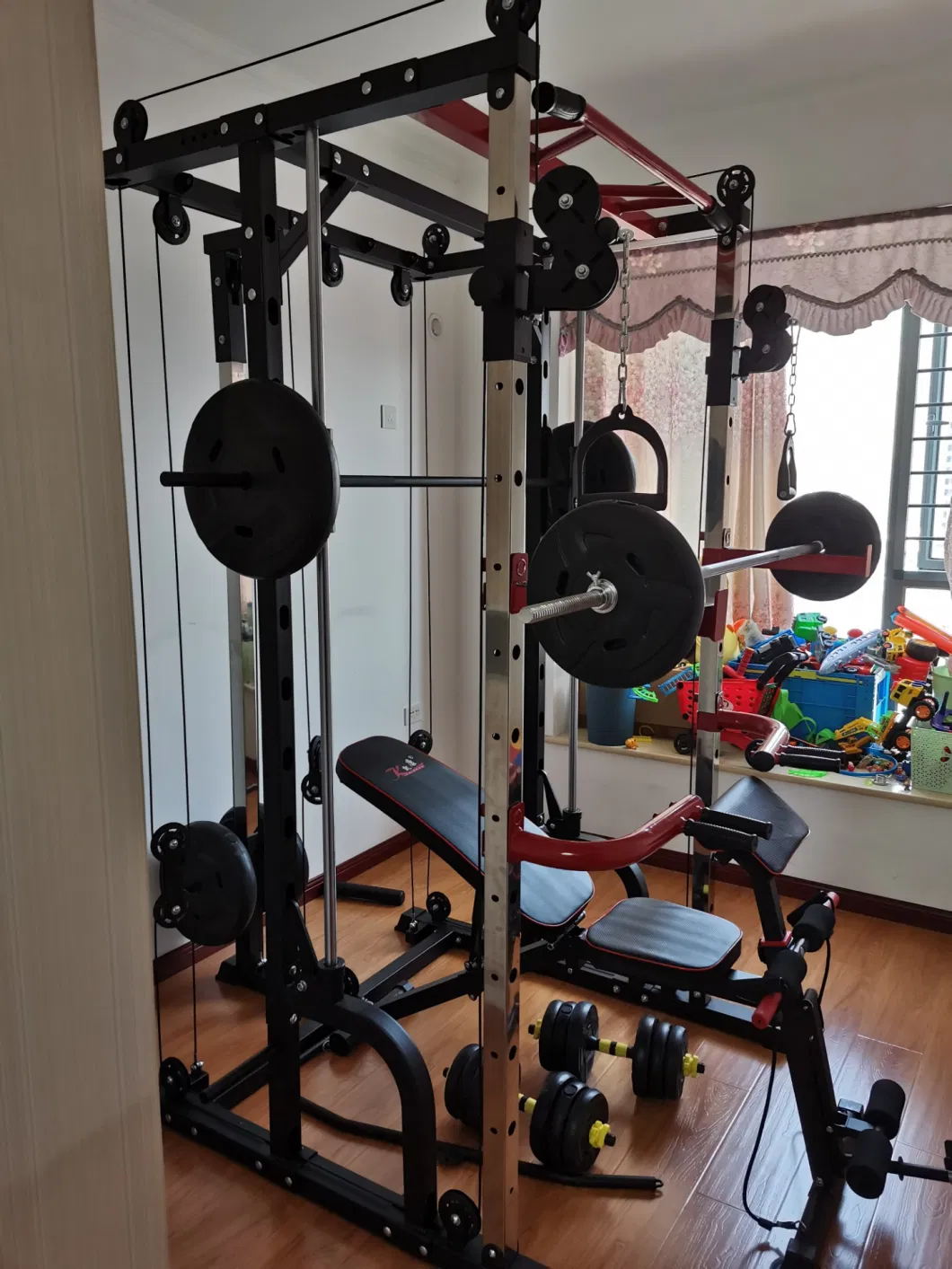 Home Gym Equipment Exercise Squat Rack Includes Smith Pull Attachment Multi-Grip Pull-up Bar Barrel Training Fitness Equipment